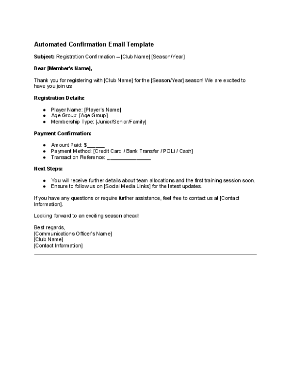 Automated Confirmation Email Template