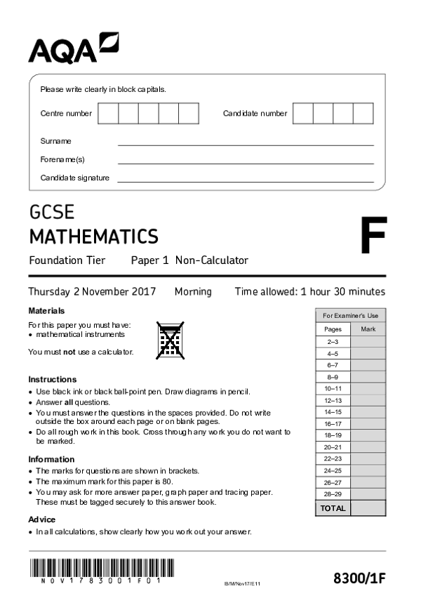 GCSE Mathematics, Foundation Tier, Paper 1 - Nov 2017.pdf