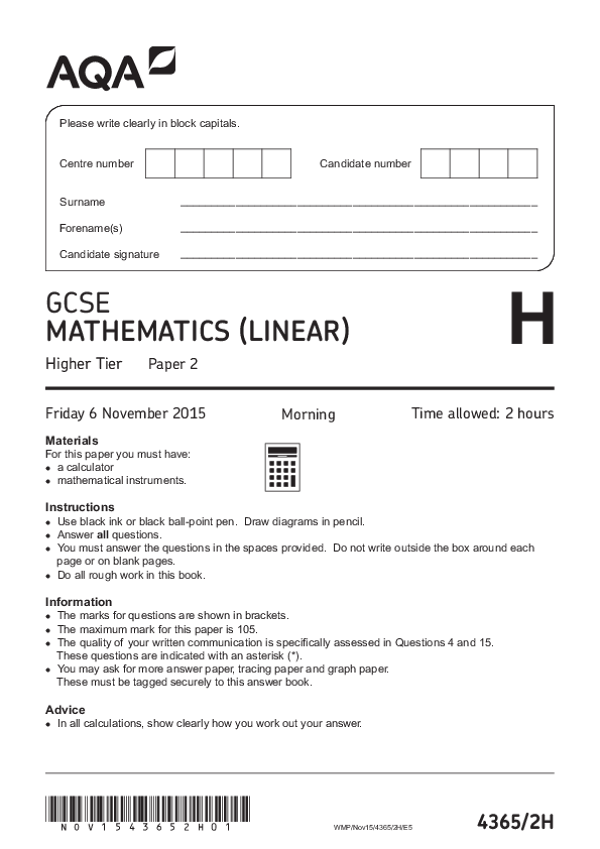 GCSE Mathematics, Higher Tier, Paper 2 - Nov 2015.pdf