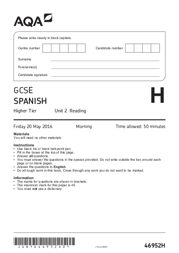GCSE Spanish, Higher Tier, Unit 2 Reading - 2016.pdf