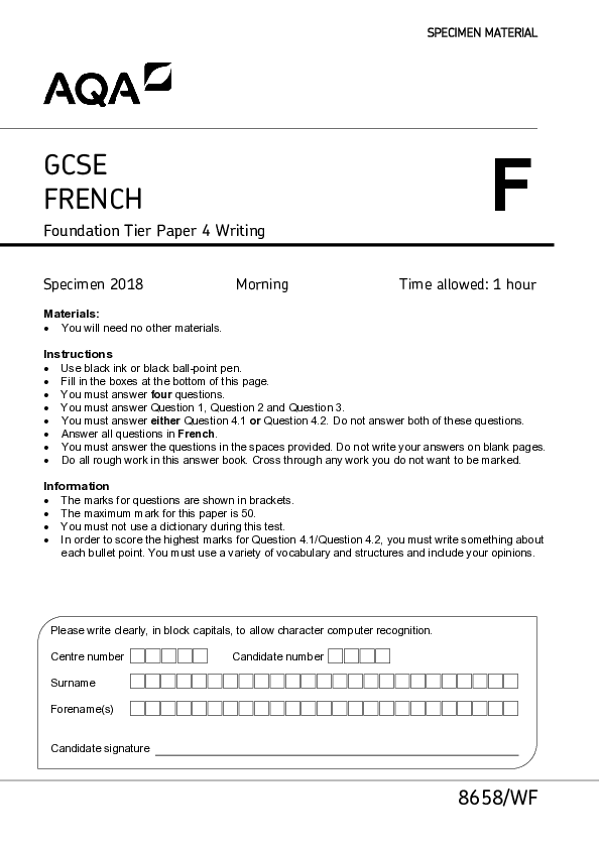 GCSE French, Foundation Tier, Paper 4 Writing - 2018.pdf