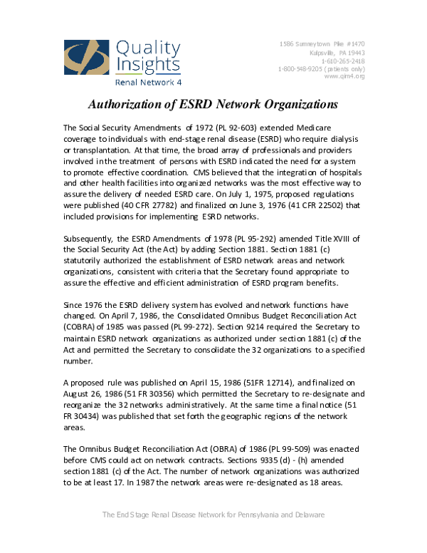 Authorization of ESRD Network Organizations
