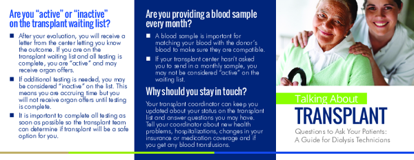 Talking about Transplant: Questions to Ask Your Patients - A Guide for Dialysis Technicians (Pocket Brochure)