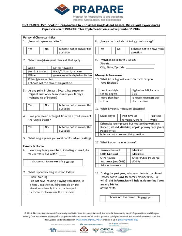 PRAPARE Screening Tool (English)
