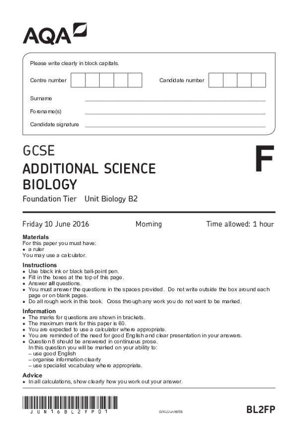 GCSE Additional Science, Biology, Foundation Tier, Paper B2 - 2016