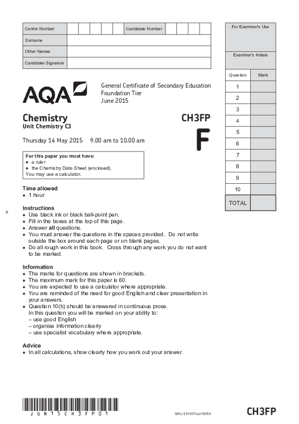 GCSE Chemistry: Unit Chemistry C3, Foundation Tier - 2015