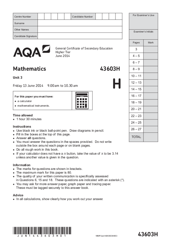 GCSE Mathematics, Higher Tier, Unit 3 - Jun 2014.pdf
