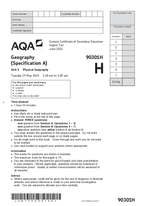 GCSE Geography, Spec A, Higher Tier, Physical Geography - 2015.pdf