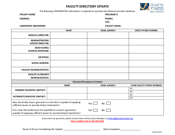 Facility Directory Sheet