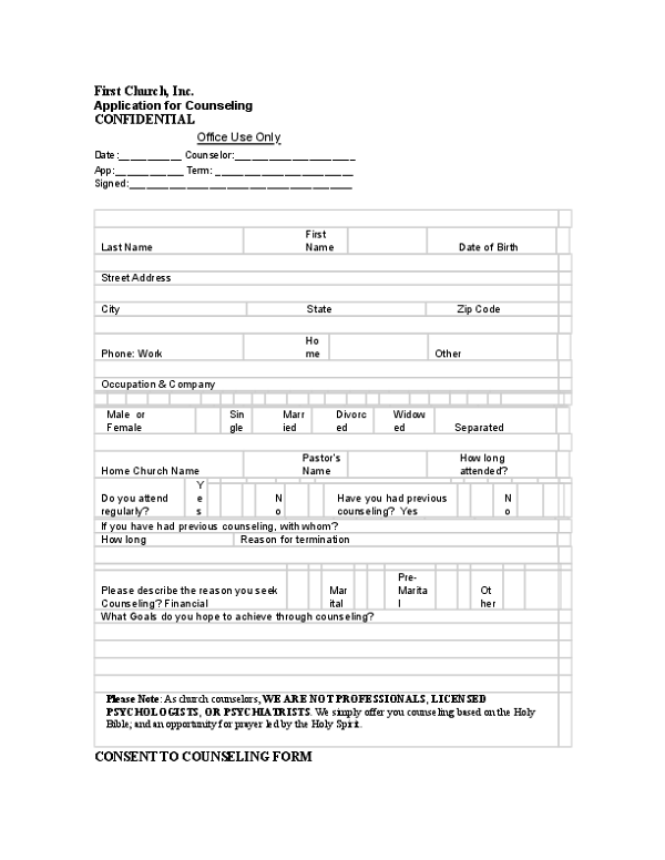 Application for Church Counseling and Consent