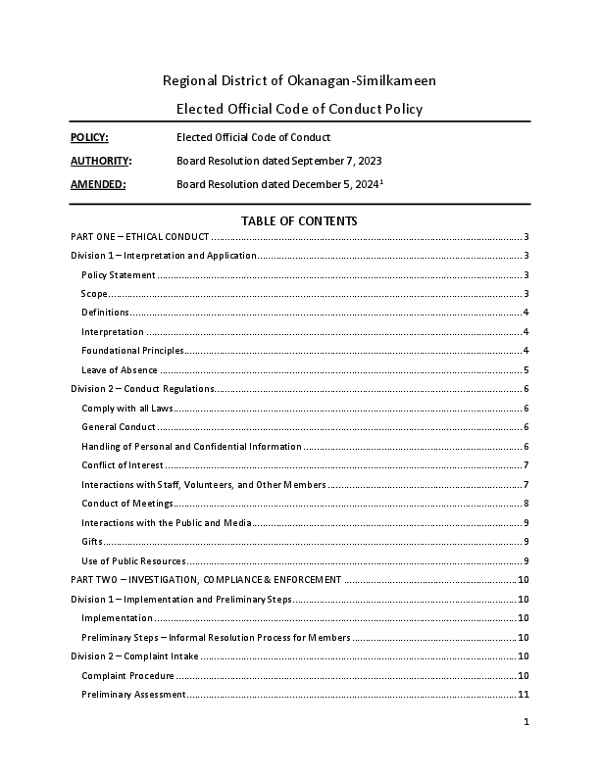 RDOS - Elected Official Code of Conduct Policy