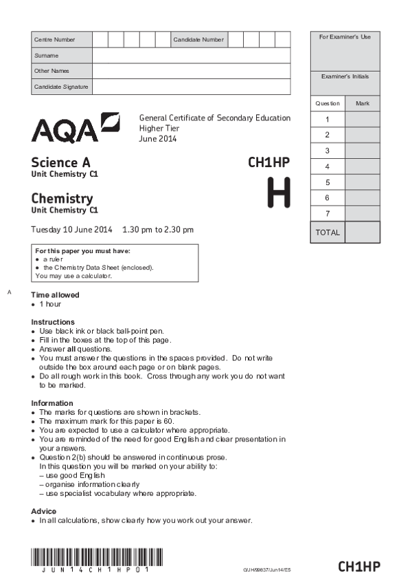 GCSE Science A: Chemistry C1, Higher Tier - 2014