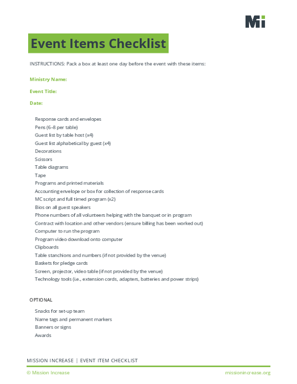 Event Items Checklist Fillable