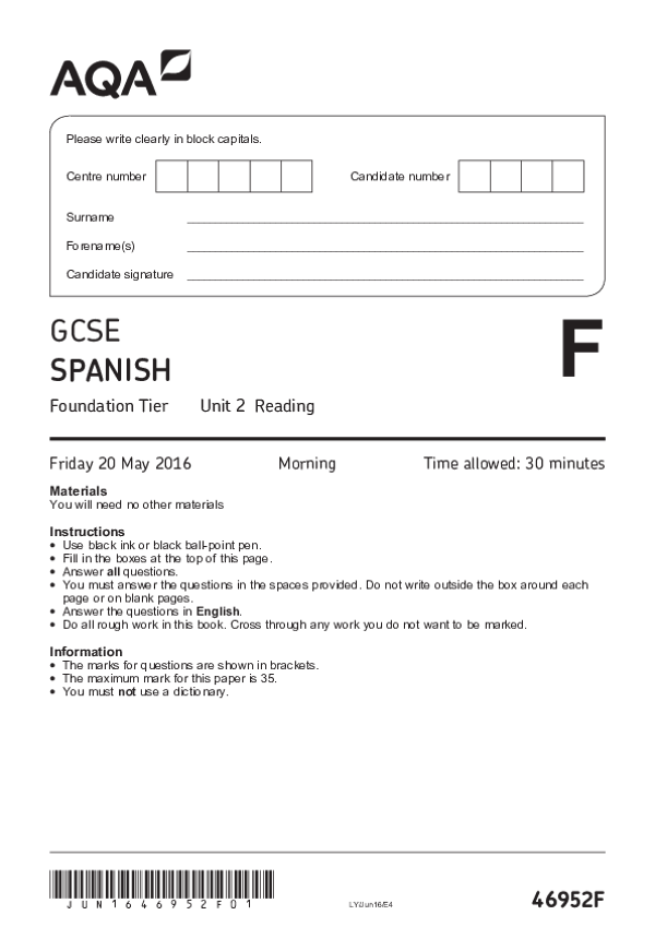 GCSE Spanish, Foundation Tier, Unit 2 Reading - 2016.pdf