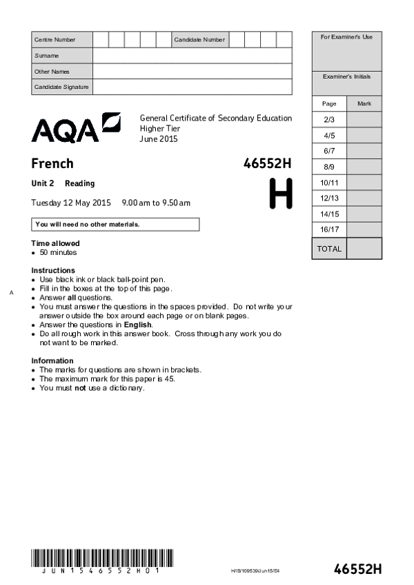 GCSE French, Higher Tier, Reading - 2015.pdf