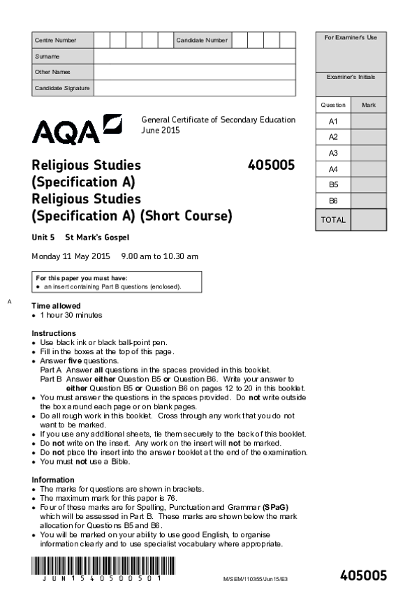 GCSE Religious Studies, St Marks Gospel- 2015.pdf