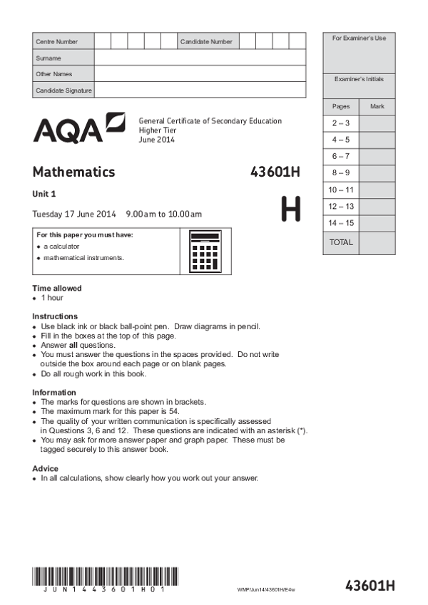 GCSE Mathematics, Higher Tier, Unit 1 - Jun 2014.pdf