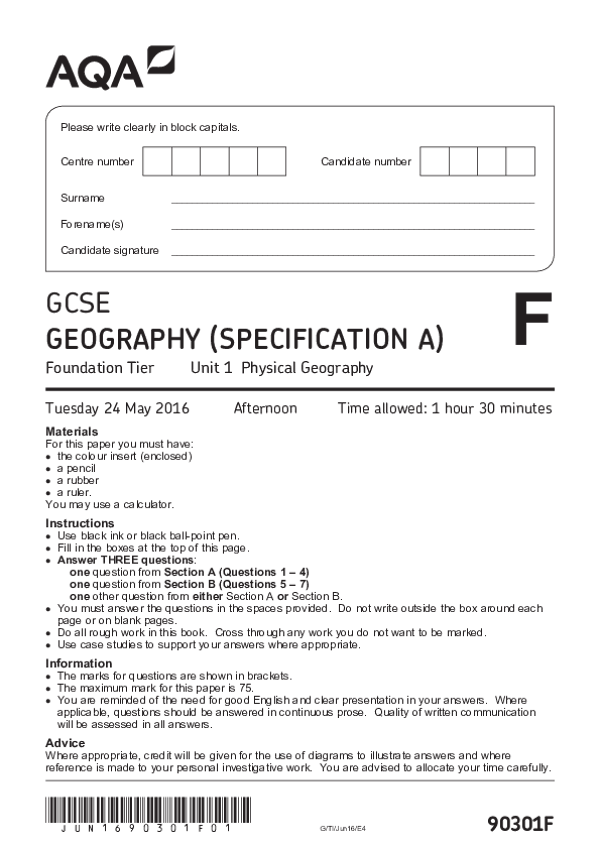 GCSE Geography, Spec A, Foundation Tier, Physical Geography - 2016.pdf