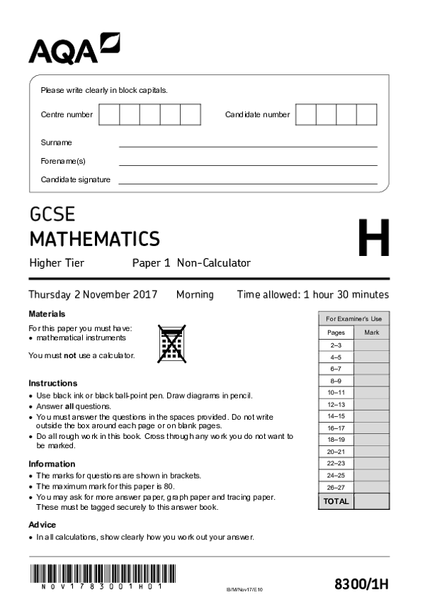 GCSE Mathematics, Higher Tier, Paper 1 - Nov 2017.pdf