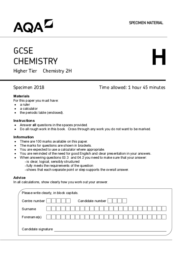 GCSE Chemistry: 2H, Higher Tier - 2018