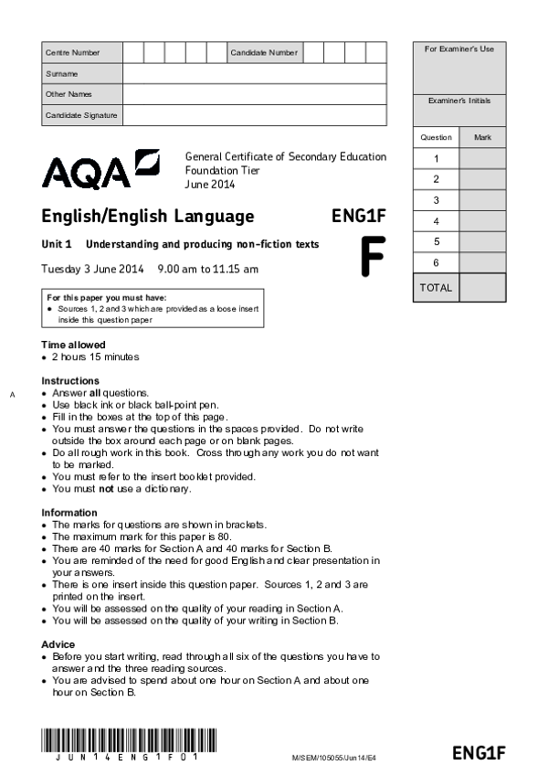 GCSE English, Foundation Tier, Unit 1 Understanding & Producing Non-Fiction Texts - June 2014.pdf