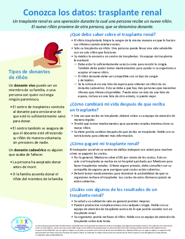 Get the Facts: Kidney Transplantation (Spanish)