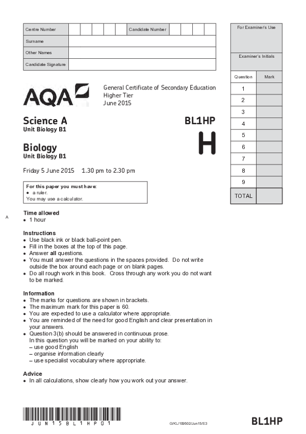 GCSE Science A: Biology, Higher Tier, Paper B1 - 2015