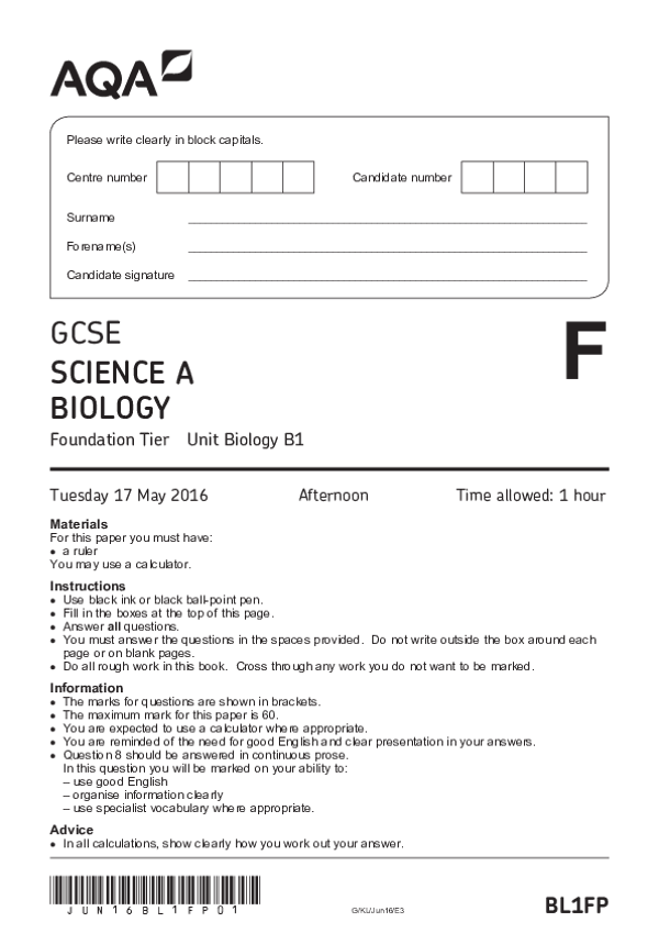 GCSE Science A: Biology, Foundation Tier, Paper B1 - 2016