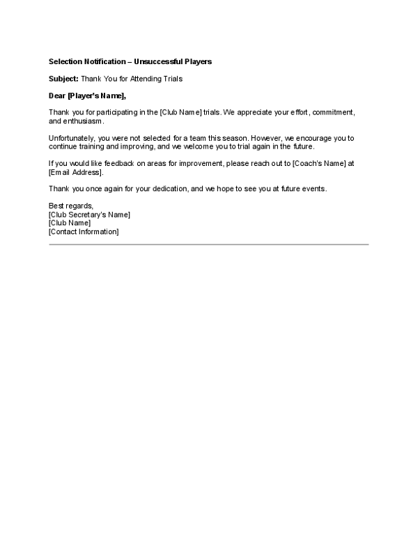 Selection Notification – Unsuccessful Players.docx