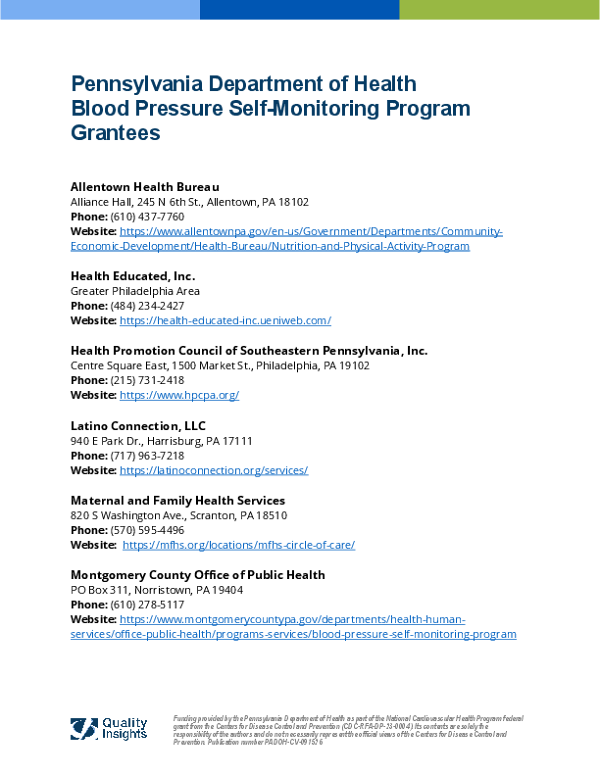 2026 PA DOH Blood Pressure Self-Monitoring Program Grantees 