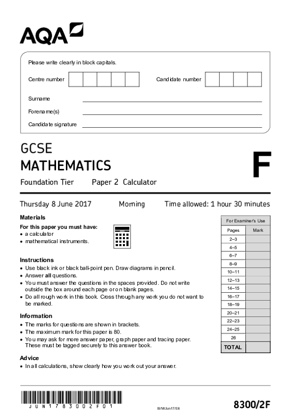 GCSE Mathematics, Foundation Tier, Paper 2 - Jun 2017.pdf