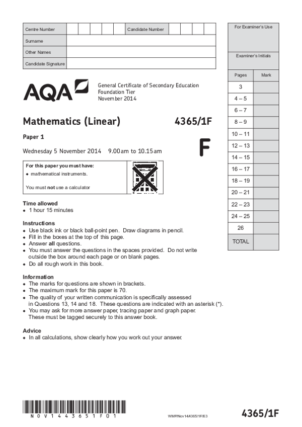 GCSE Mathematics, Foundation Tier, Paper 1 - Nov 2014.pdf