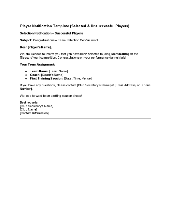 Player Notification Template (Selected & Unsuccessful Players).docx