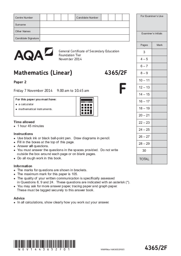 GCSE Mathematics, Foundation Tier, Paper 2 - Nov 2014.pdf