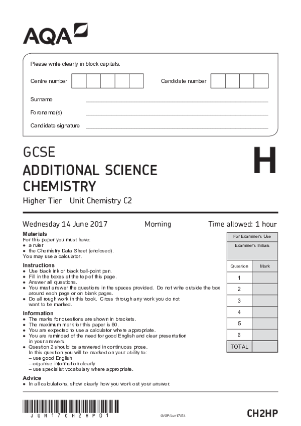 GCSE Additional Science: Chemistry C2, Higher Tier - 2017