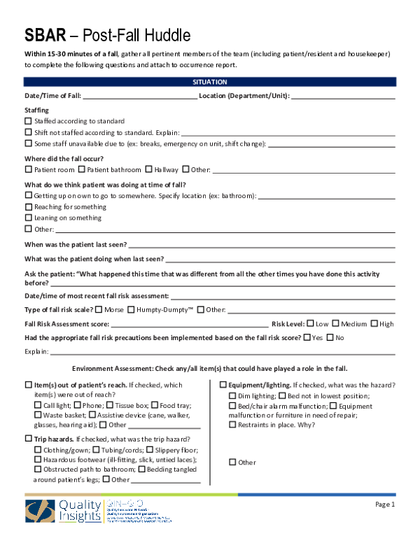 SBAR for Post-Falls (Fillable Form)