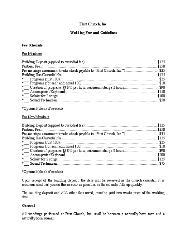 Wedding Fees and Guidelines
