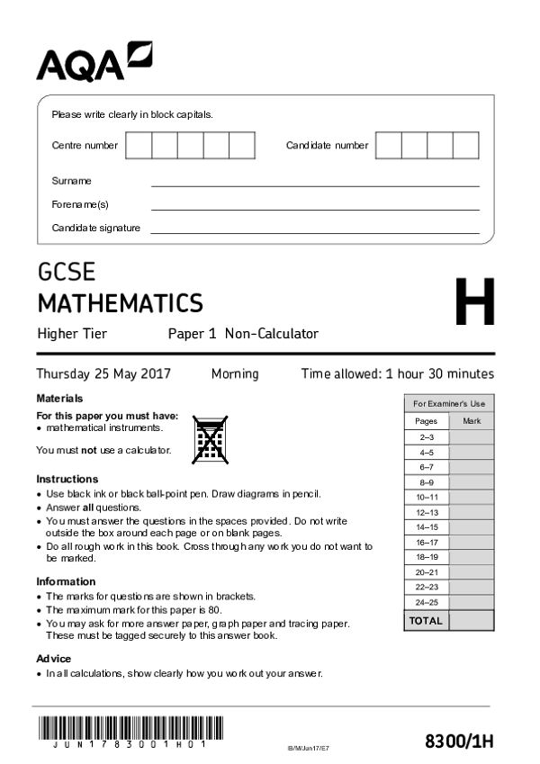 GCSE Mathematics, Higher Tier, Paper 1 - Jun 2017.pdf