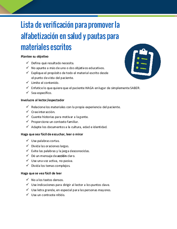 Checklist for Promoting Health Literacy and Guidelines for Written Materials (SPANISH)