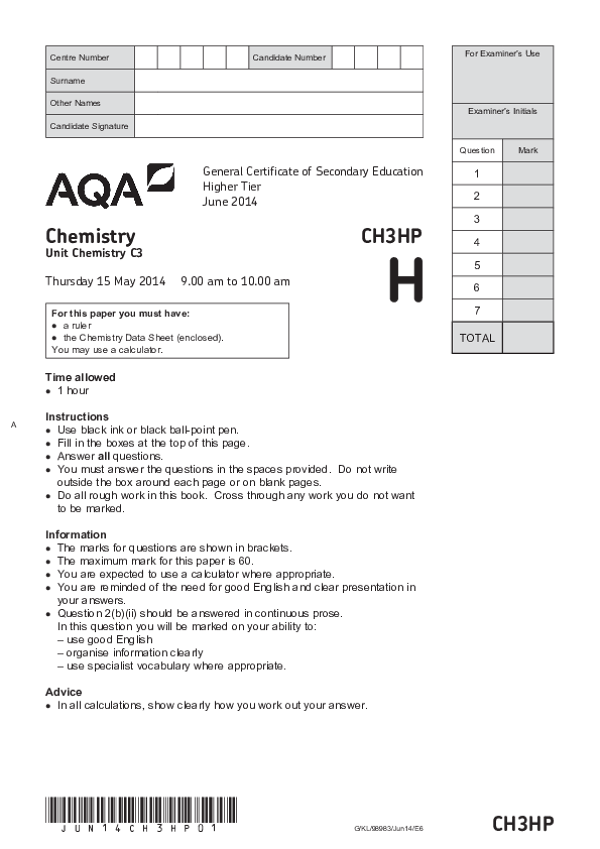 GCSE Chemistry: Unit Chemistry C3, Higher Tier - 2014