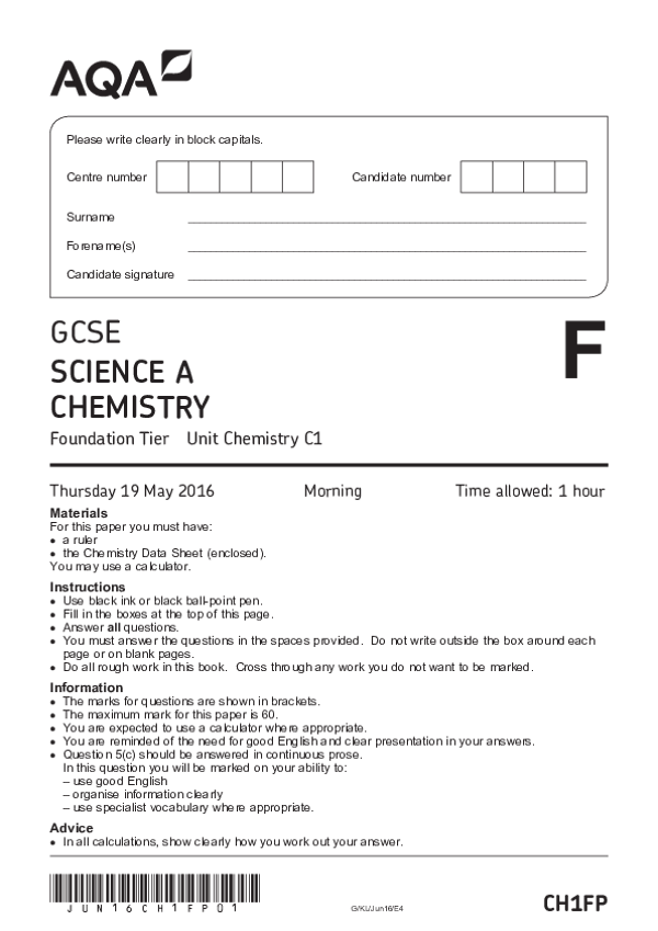 GCSE Science A: Chemistry C1, Foundation Tier - 2016