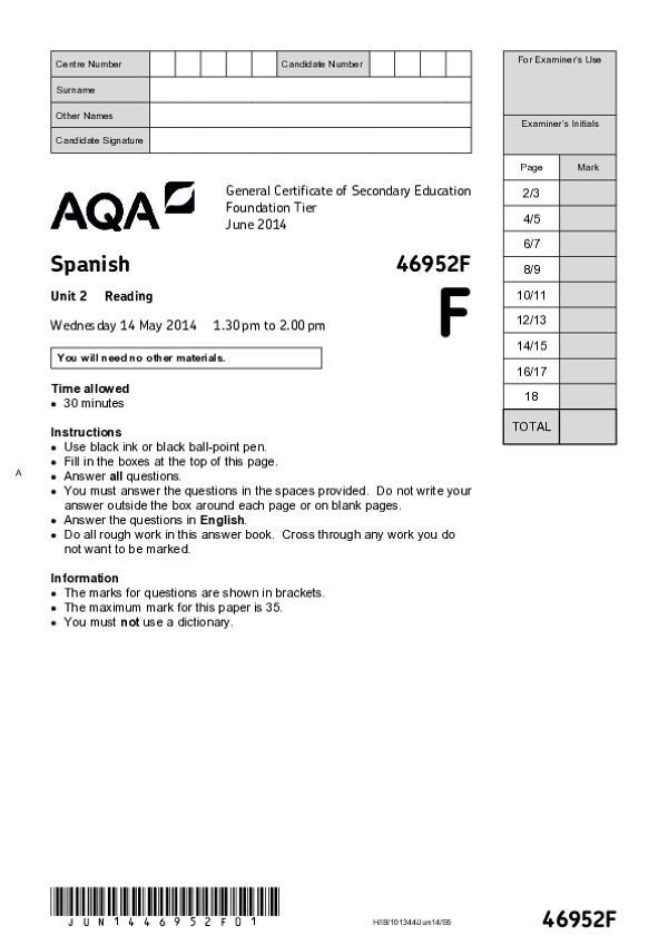 GCSE Spanish, Foundation Tier, Unit 2 Reading - 2014.pdf