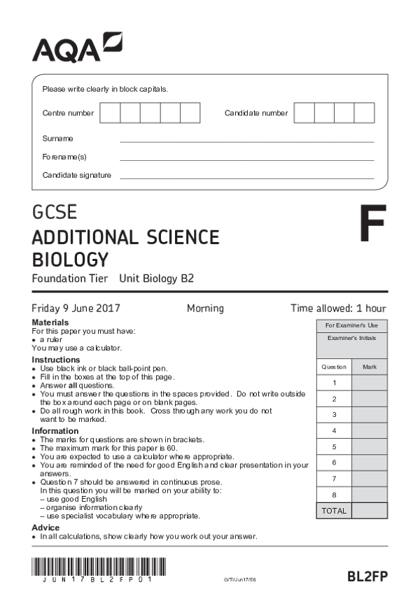 GCSE Additional Science, Biology, Foundation Tier, Paper B2 - 2017