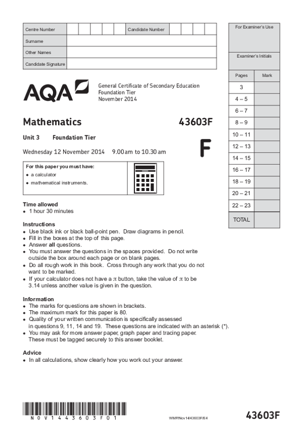 GCSE Mathematics, Foundation Tier, Unit 3 - Nov 2014.pdf