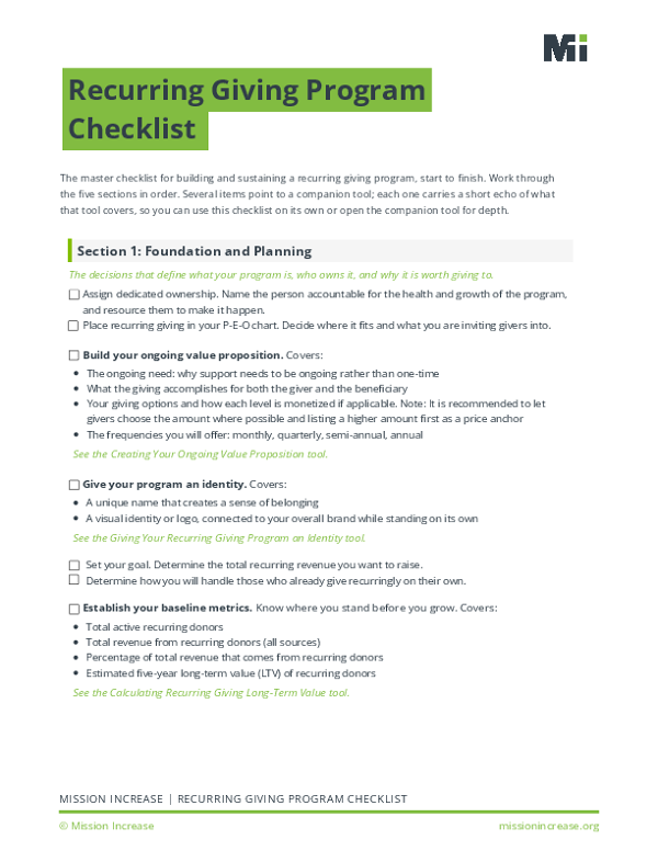 Recurring Giving Program Checklist Fillable