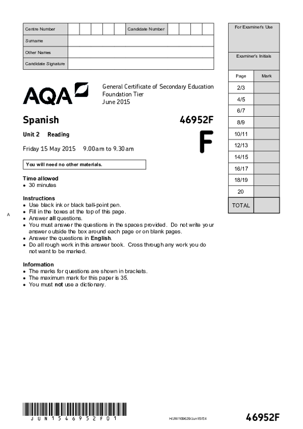 GCSE Spanish, Foundation Tier, Unit 2 Reading - 2015.pdf