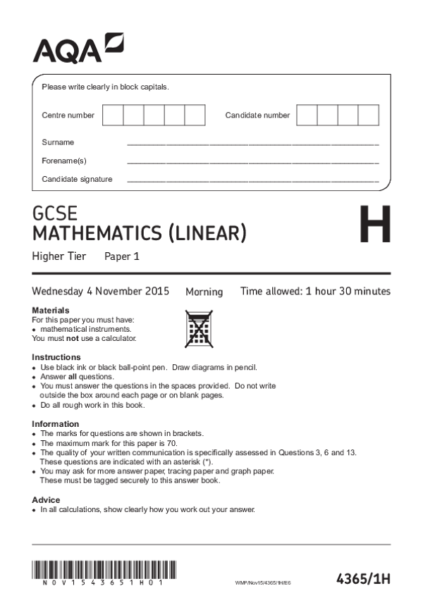 GCSE Mathematics, Higher Tier, Paper 1 - Nov 2015.pdf