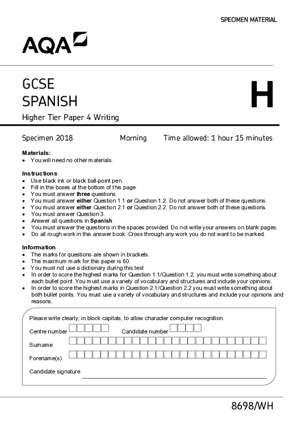 GCSE Spanish, Higher Tier, Paper 4 Writing - 2018.pdf