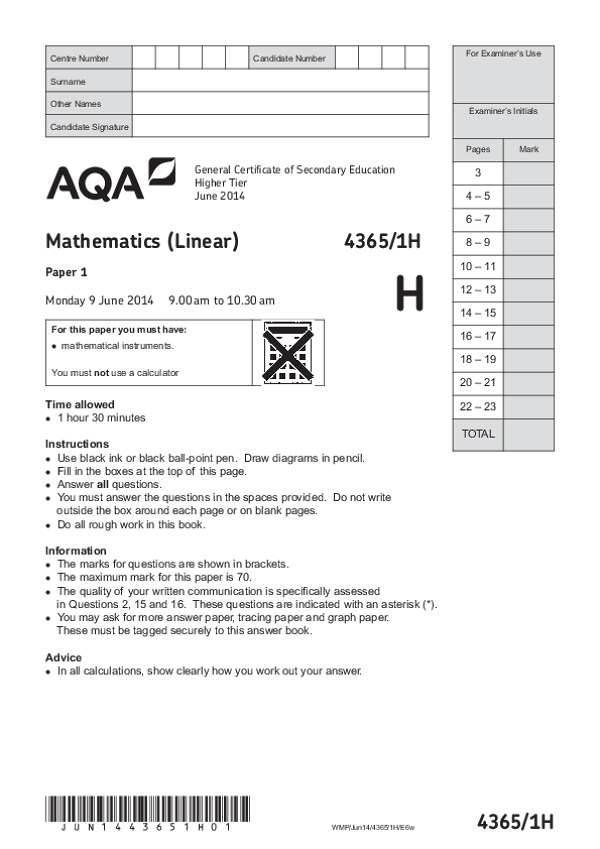 GCSE Mathematics, Higher Tier, Paper 1 - Jun 2014.pdf