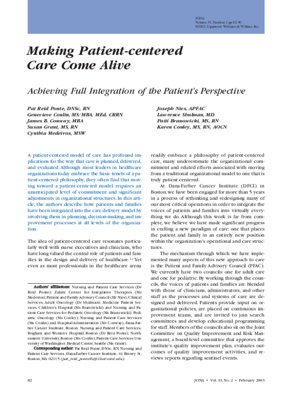 Making Patient-Centered Care Come Alive: Achieving Full Integration of the Patient's Perspective